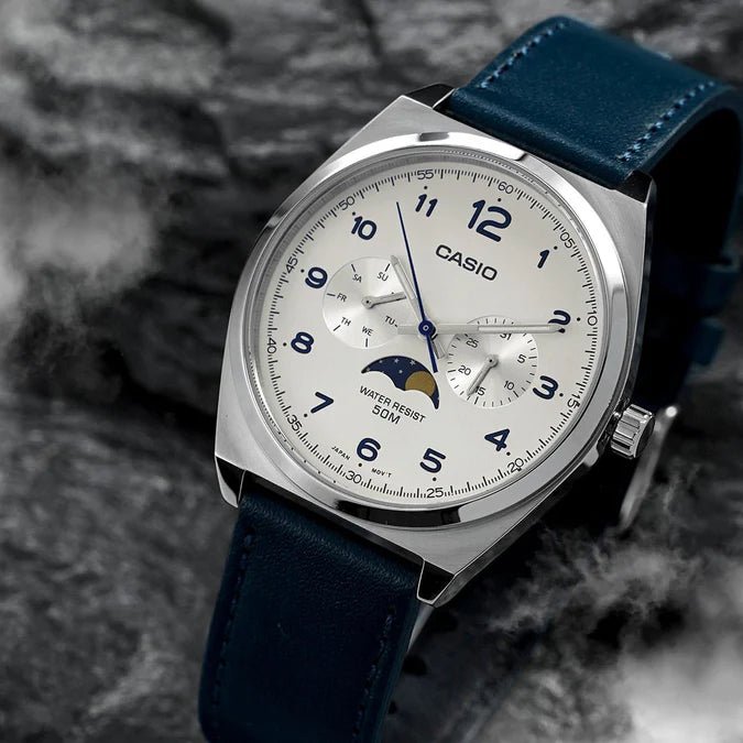 Casio MTP-M300L-7A Men's Moon Phase Analog Watch | White Dial | Genuine Leather Strap | Date & Day Display