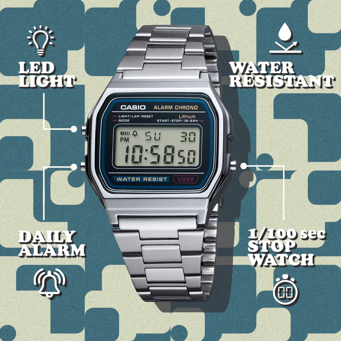 Casio Vintage A158WA-1DF Silver Digital Watch