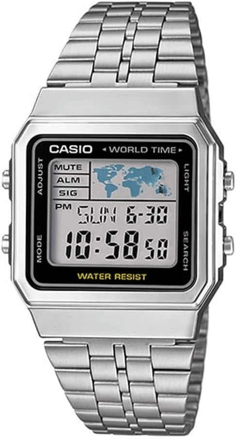 Casio Vintage A500WA-1DF World Time Digital Watch – Silver Stainless Steel