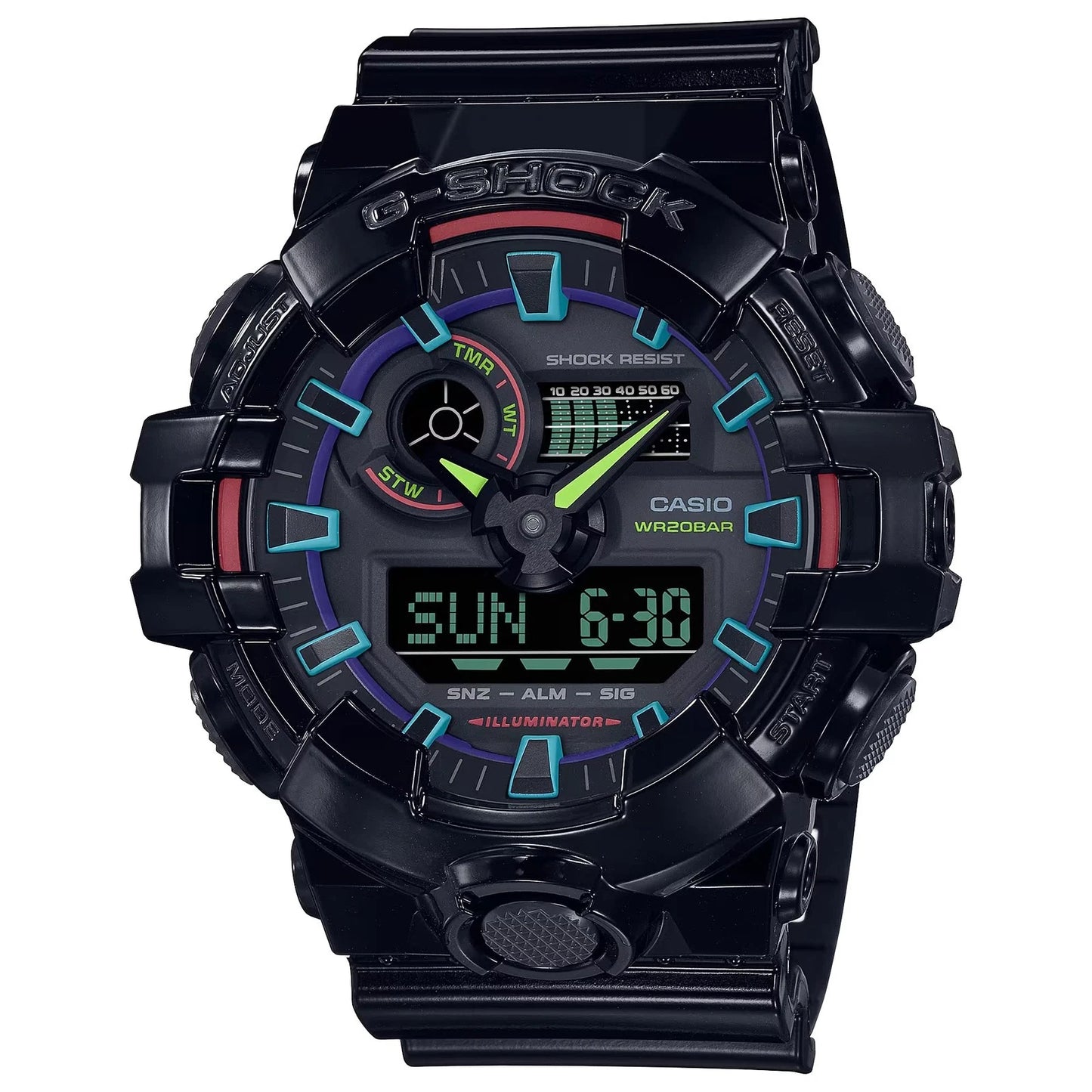 Casio G-Shock GA-700RGB-1ADR Men's Analog-Digital Watch – Gloss Black | 200M Water Resistant