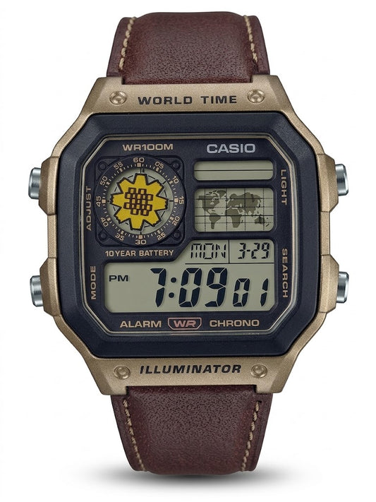 Casio AE-1200WHL World Time – Brown Leather Strap Customized Al Arfaj Edition