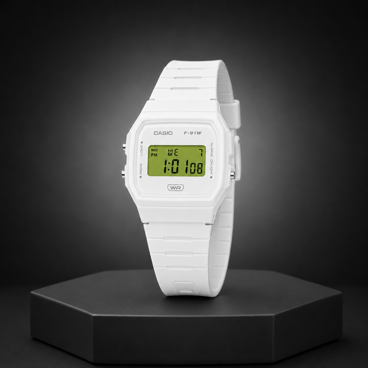 Casio F-91W White Custom Edition with Green Display