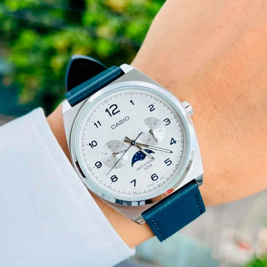 Casio MTP-M300L-7A Men's Moon Phase Analog Watch | White Dial | Genuine Leather Strap | Date & Day Display