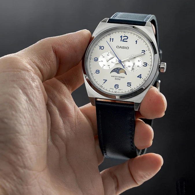 Casio MTP-M300L-7A Men's Moon Phase Analog Watch | White Dial | Genuine Leather Strap | Date & Day Display
