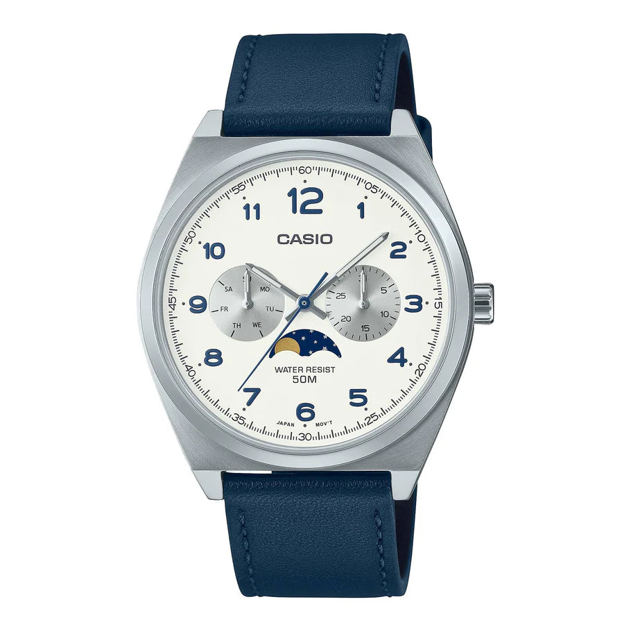 Casio MTP-M300L-7A Men's Moon Phase Analog Watch | White Dial | Genuine Leather Strap | Date & Day Display