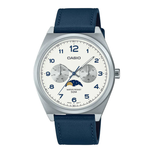 Casio MTP-M300L-7A Men's Moon Phase Analog Watch | White Dial | Genuine Leather Strap | Date & Day Display