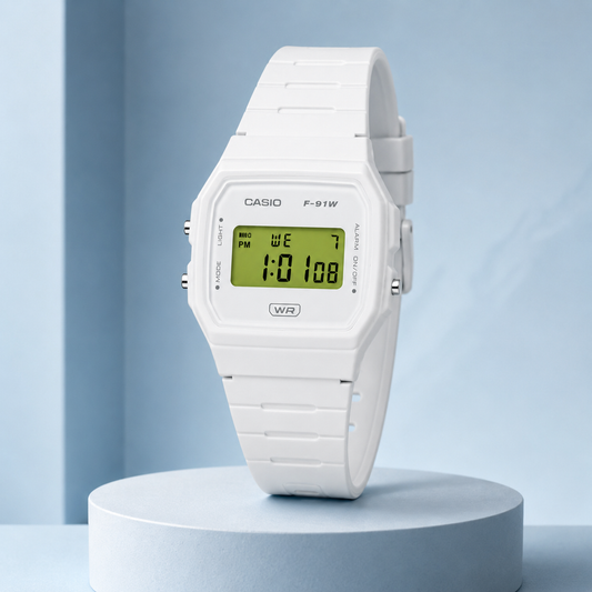 Casio F-91W White Custom Edition with Green Display
