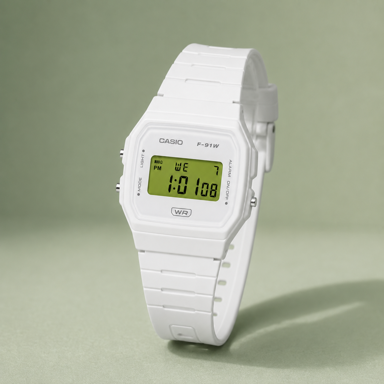 Casio F-91W White Custom Edition with Green Display