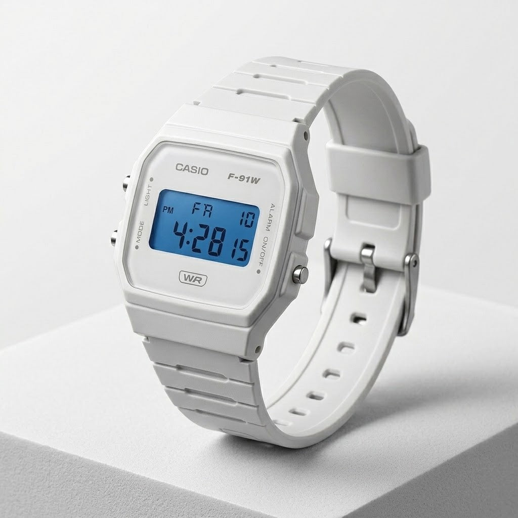 Casio F-91W White Digital Watch – Blue Display