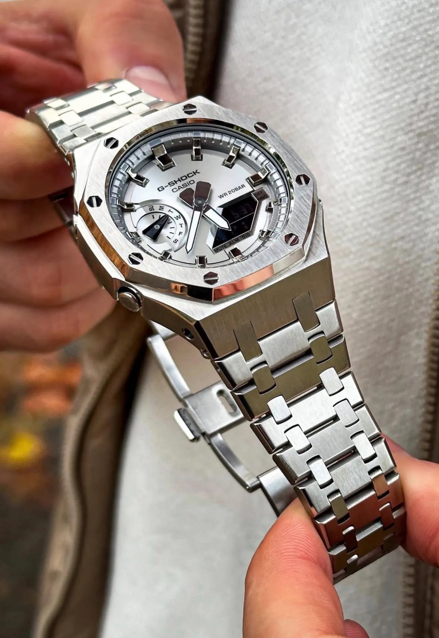 Casio G‑SHOCK GA‑2100 Silver Dial Full Stainless Steel Modified Watch
