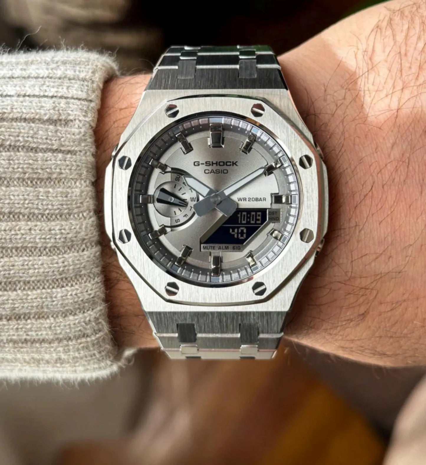 Casio G‑SHOCK GA‑2100 Silver Dial Full Stainless Steel Modified Watch