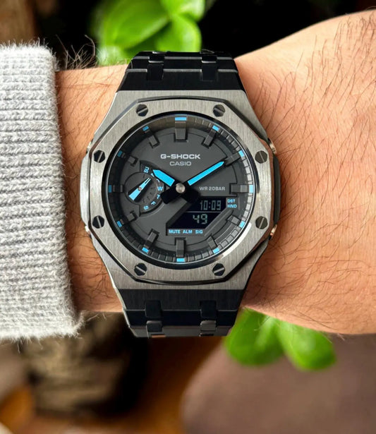 Casio G‑SHOCK GA‑2100 Black & Blue Stainless Steel Modified Watch