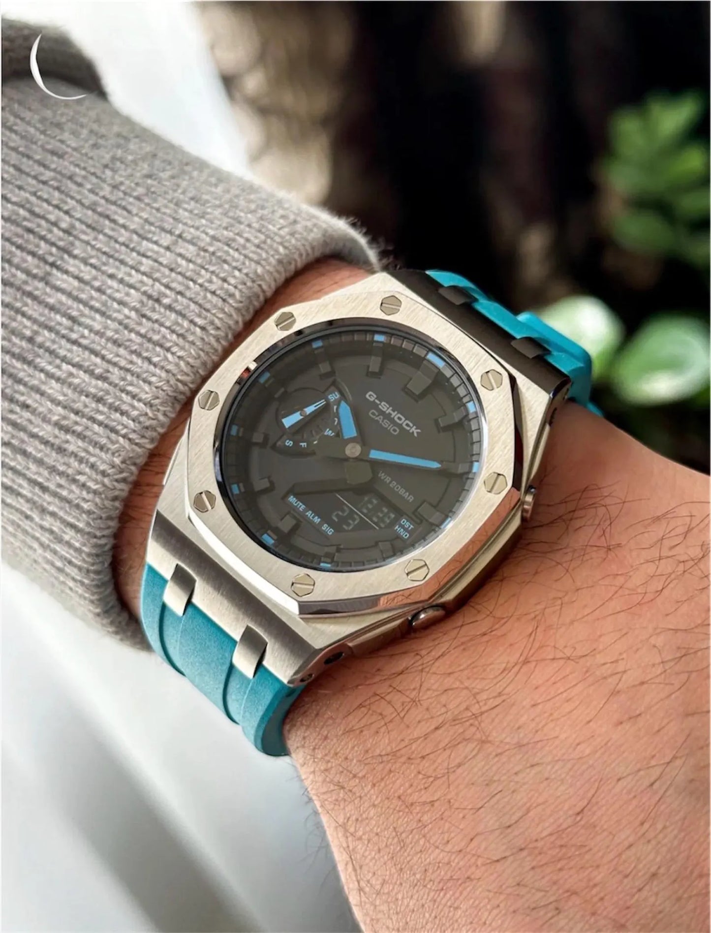 Casio G‑SHOCK GA‑2100 Black & Turquoise Silver Steel Modified Watch