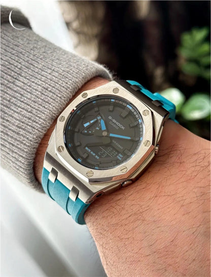 Casio G‑SHOCK GA‑2100 Black & Turquoise Silver Steel Modified Watch