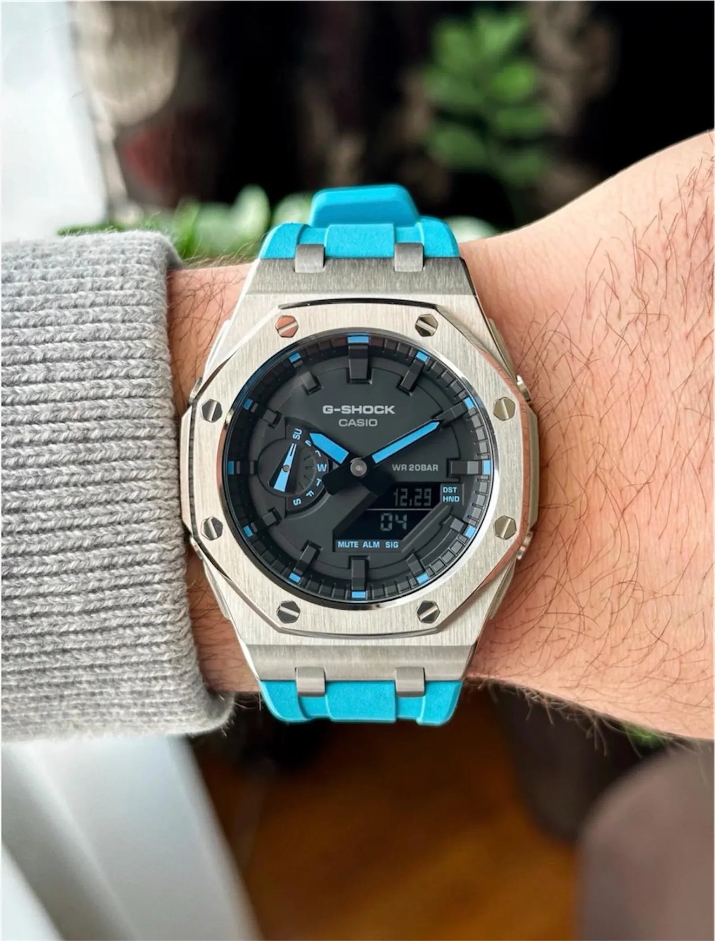 Casio G‑SHOCK GA‑2100 Black & Turquoise Silver Steel Modified Watch