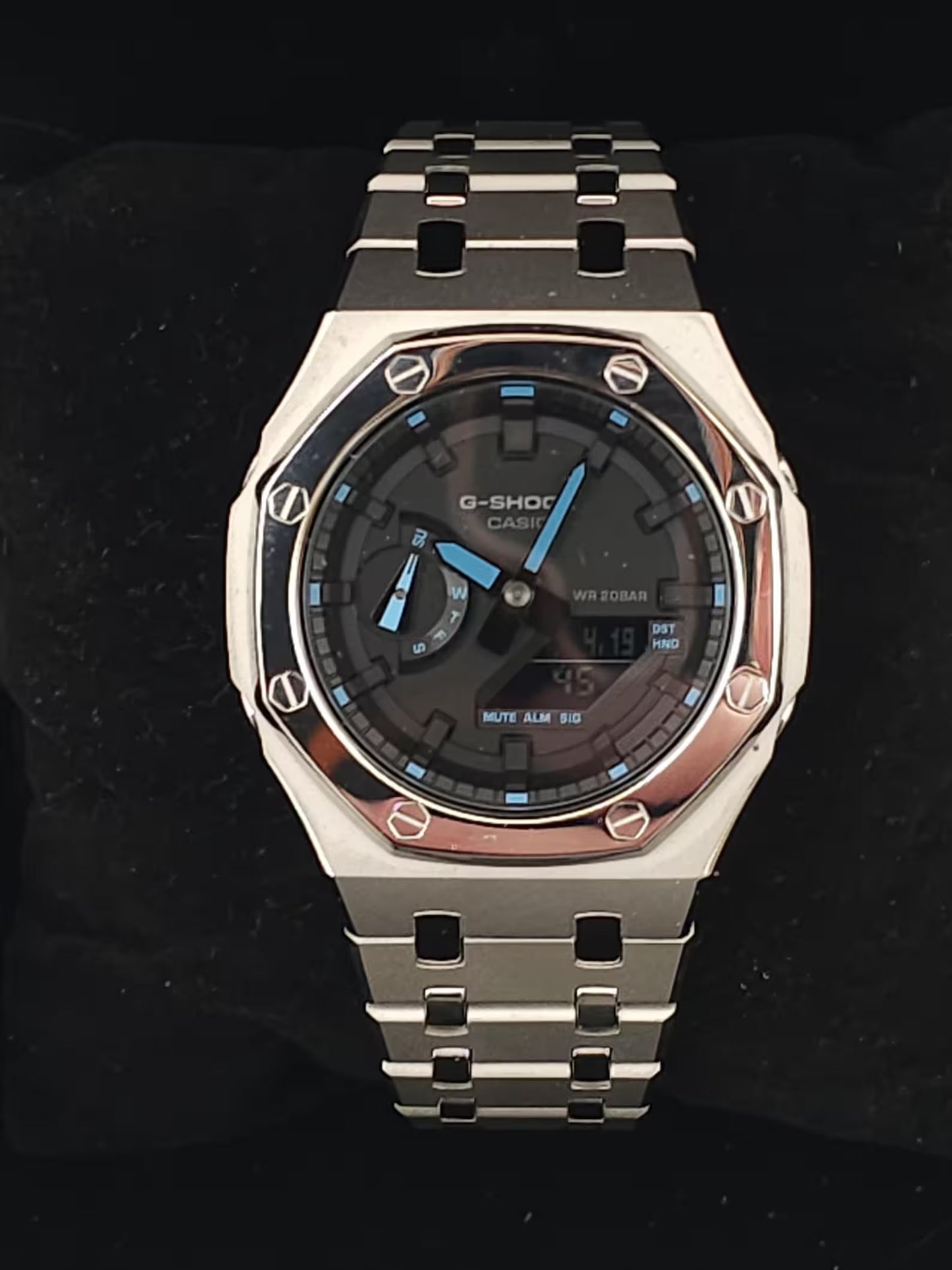 Casio G‑SHOCK GA‑2100 Black & Blue Silver Stainless Steel Modified Watch