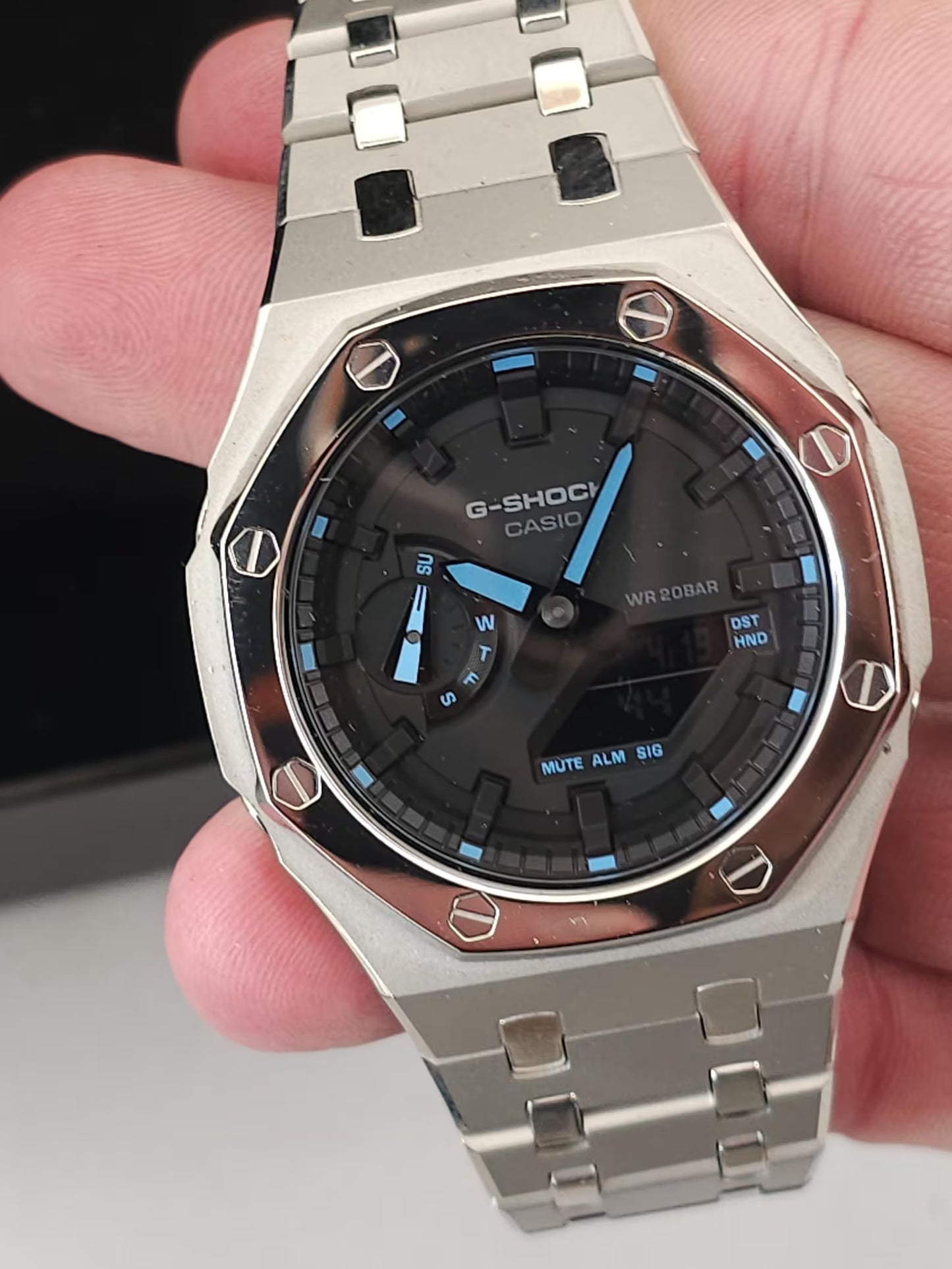 Casio G‑SHOCK GA‑2100 Black & Blue Silver Stainless Steel Modified Watch