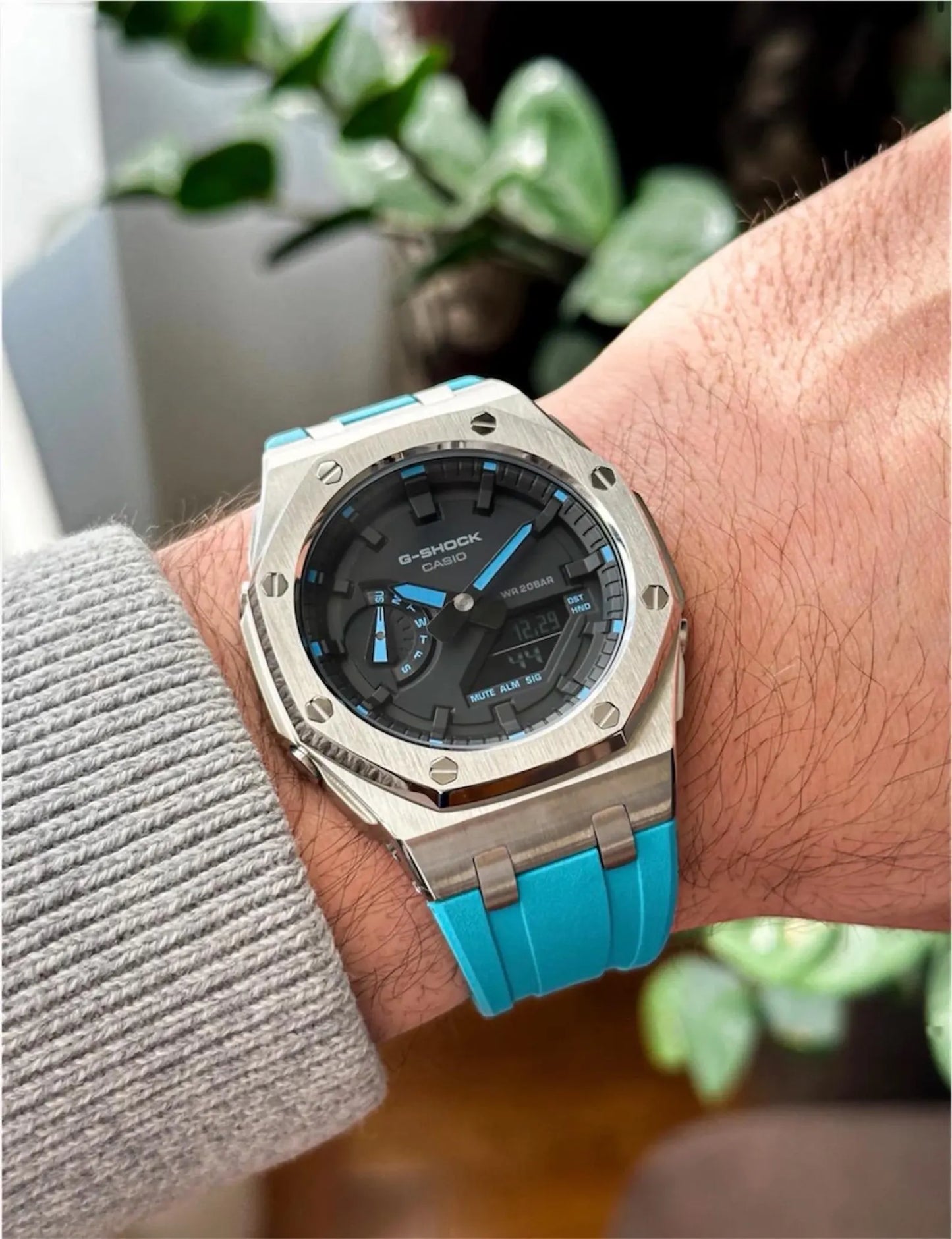 Casio G‑SHOCK GA‑2100 Black & Turquoise Silver Steel Modified Watch