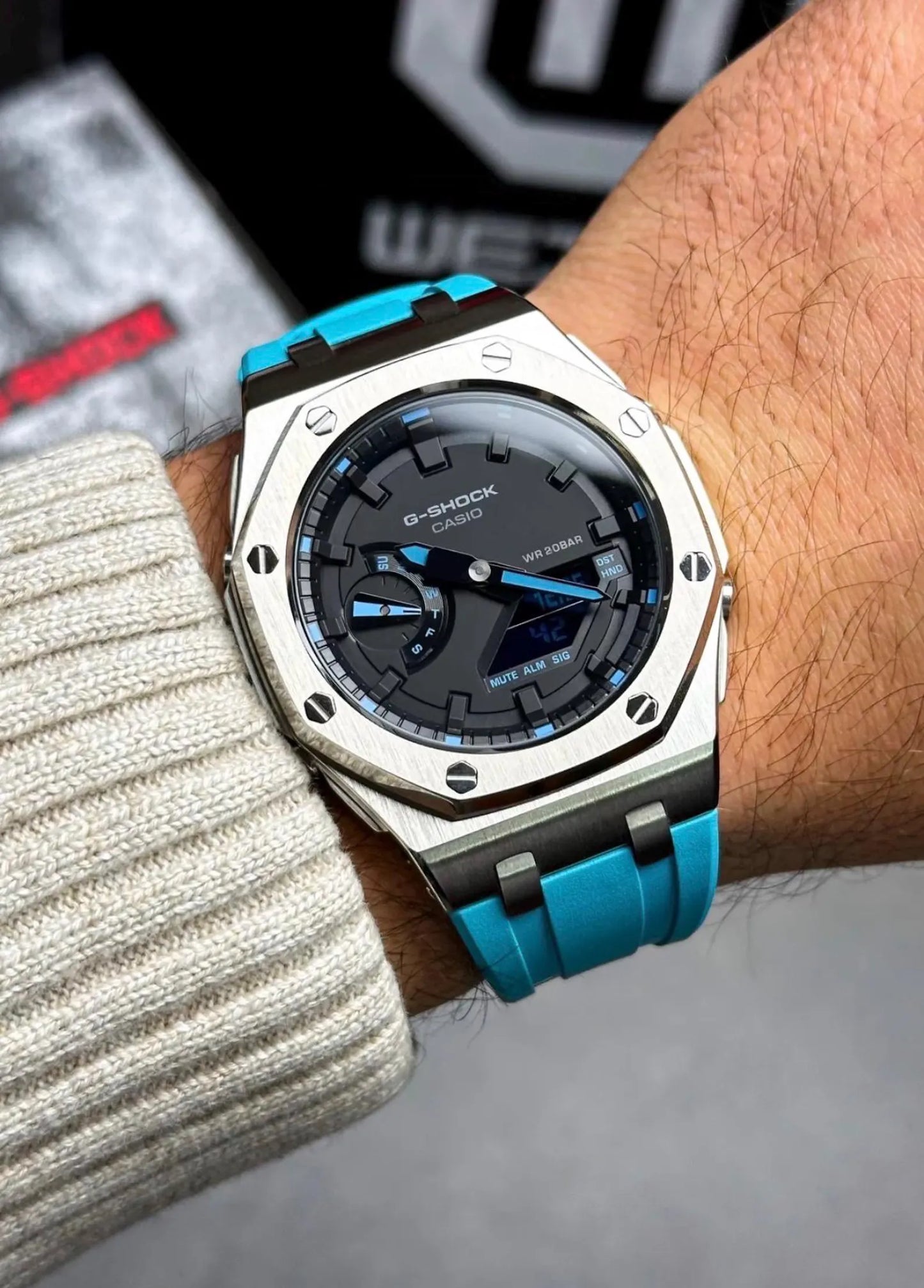 Casio G‑SHOCK GA‑2100 Black & Turquoise Silver Steel Modified Watch