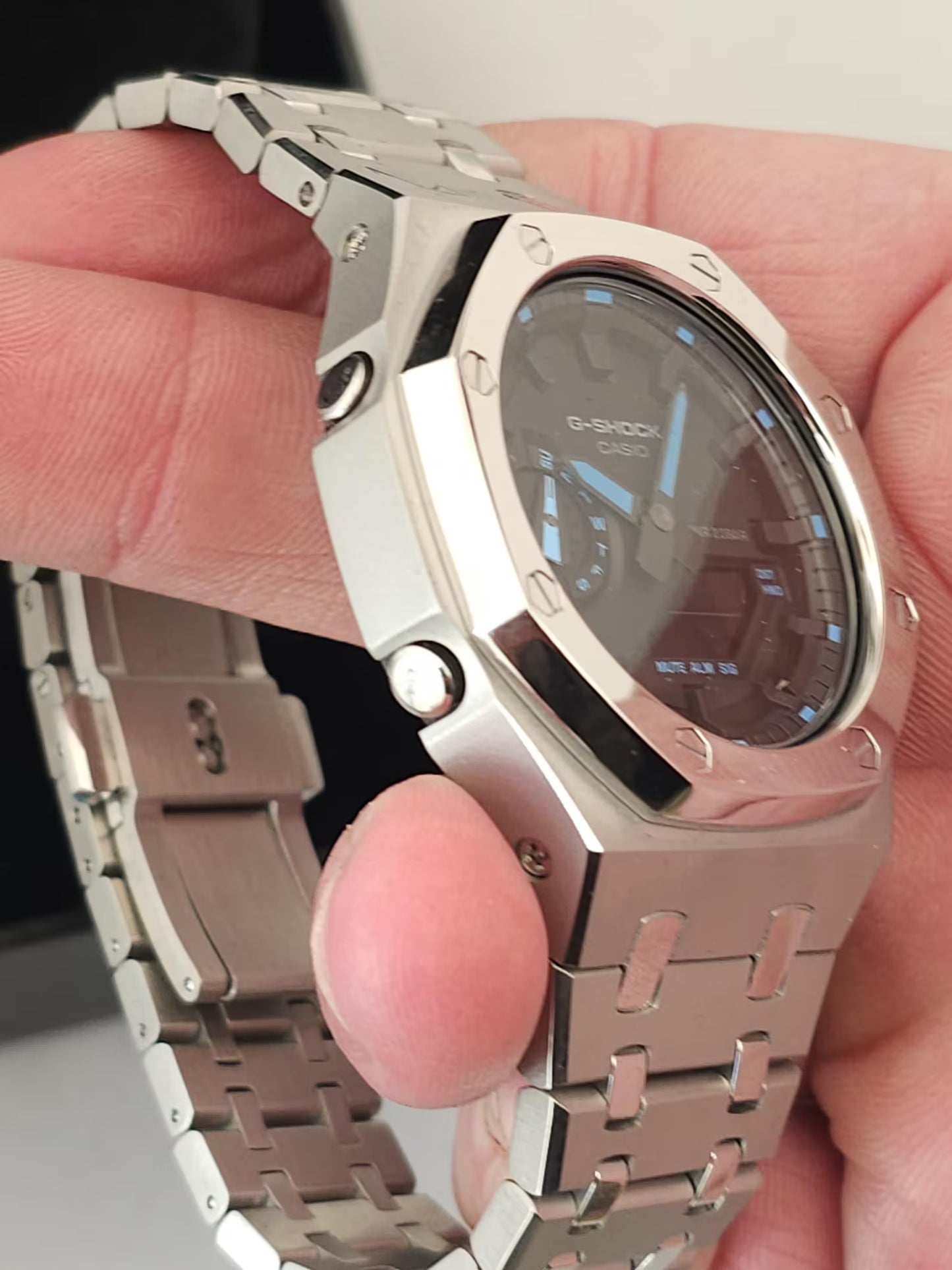 Casio G‑SHOCK GA‑2100 Black & Blue Silver Stainless Steel Modified Watch
