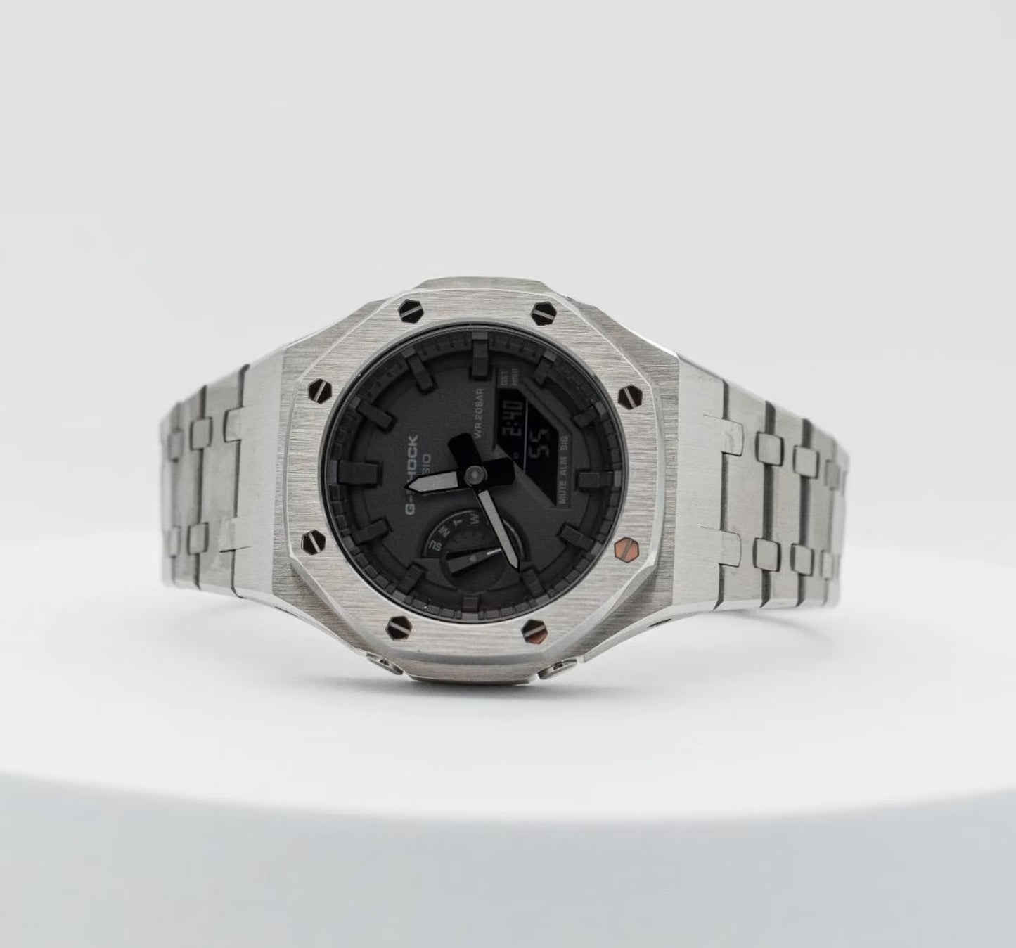 Casio G‑SHOCK GA‑2100 Black Dial Silver Stainless Steel Modified Watch