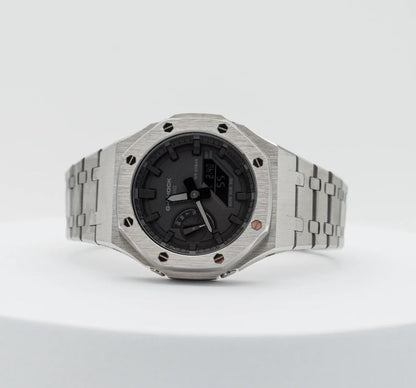 Casio G‑SHOCK GA‑2100 Black Dial Silver Stainless Steel Modified Watch