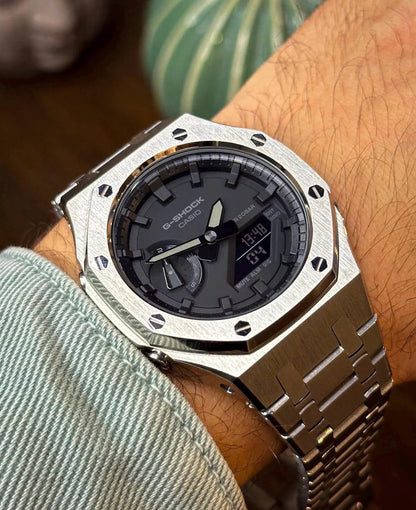 Casio G‑SHOCK GA‑2100 Black Dial Silver Stainless Steel Modified Watch