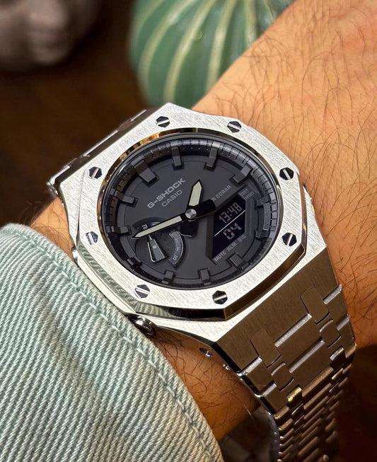 Casio G‑SHOCK GA‑2100 Black Dial Silver Stainless Steel Modified Watch
