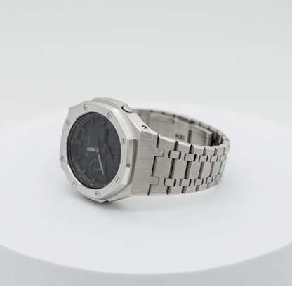 Casio G‑SHOCK GA‑2100 Black Dial Silver Stainless Steel Modified Watch