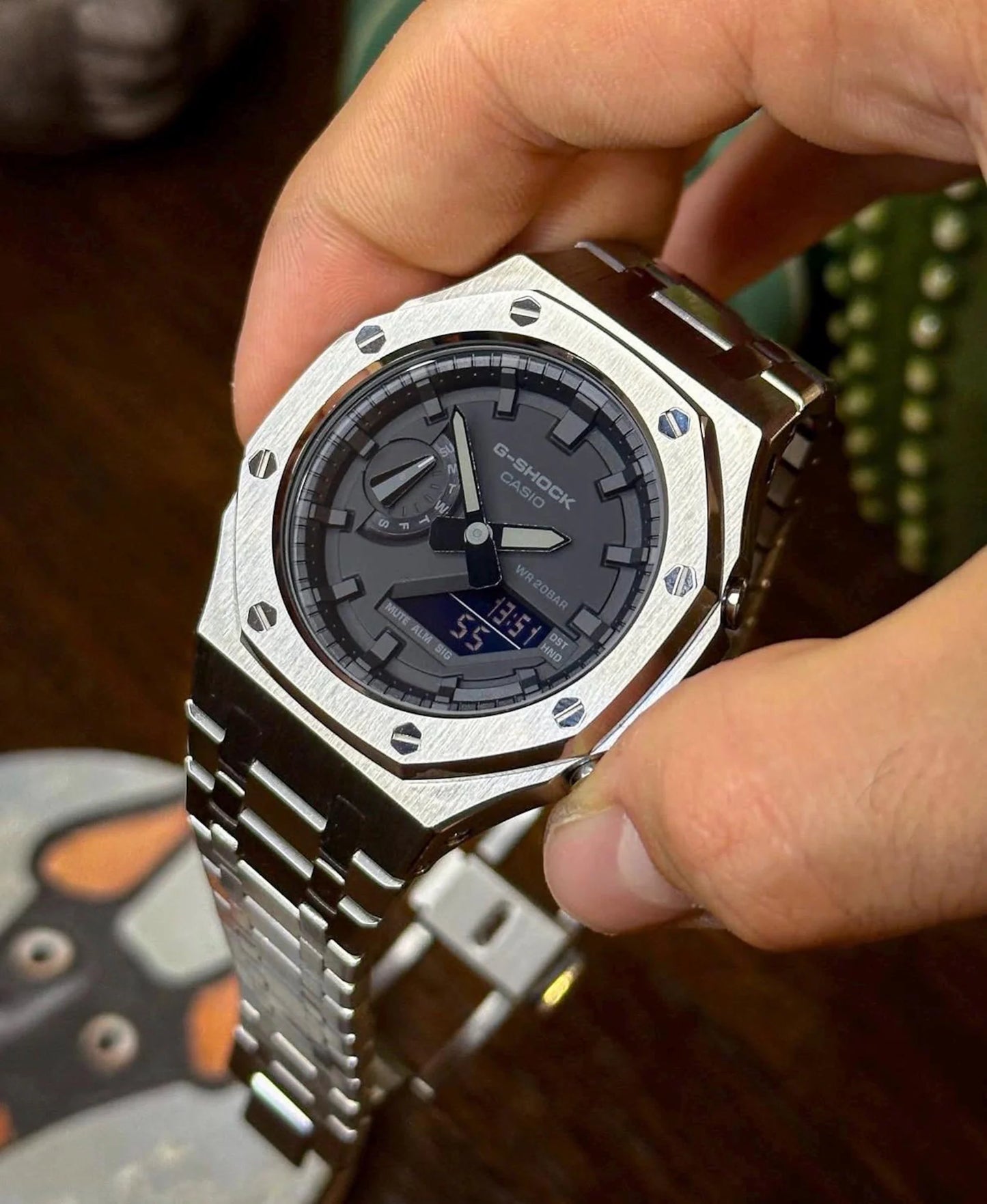 Casio G‑SHOCK GA‑2100 Black Dial Silver Stainless Steel Modified Watch