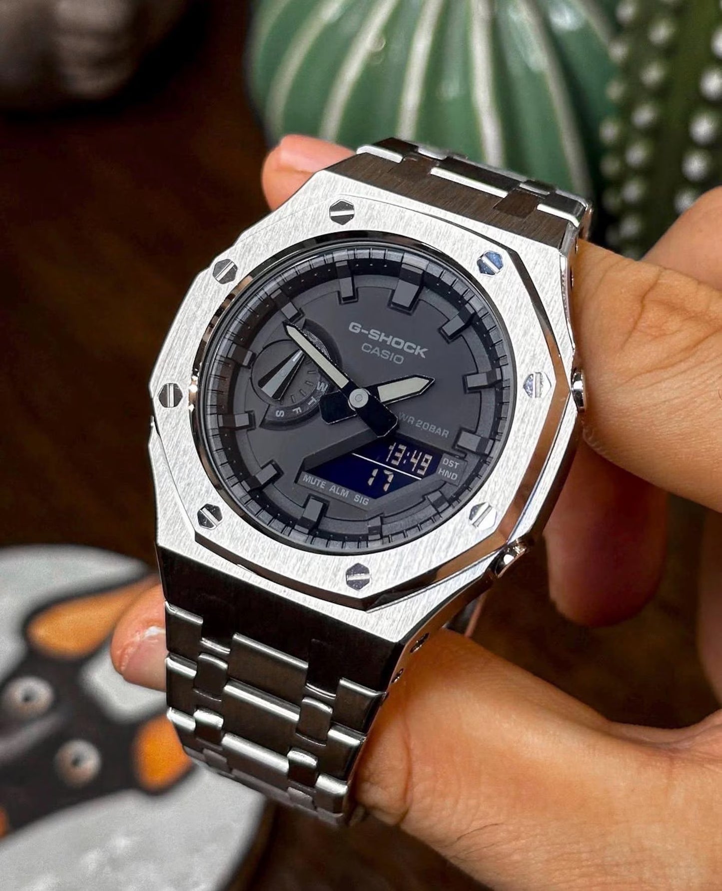 Casio G‑SHOCK GA‑2100 Black Dial Silver Stainless Steel Modified Watch