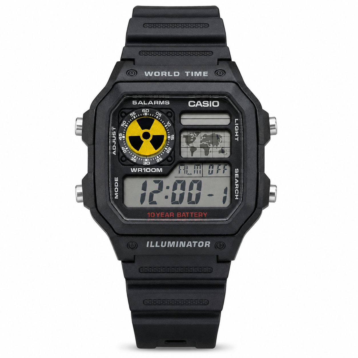 Casio World Time Black Watch – Radiation Symbol Customized Edition