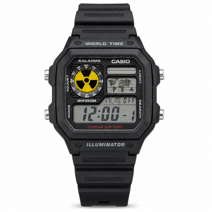 Casio World Time Black Watch – Radiation Symbol Customized Edition