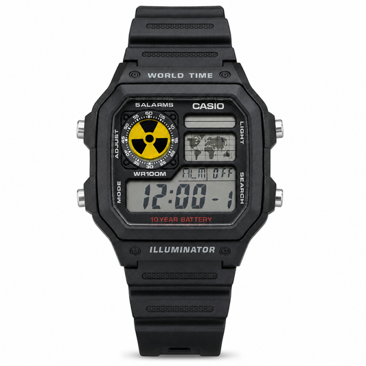 Casio World Time Black Watch – Radiation Symbol Customized Edition