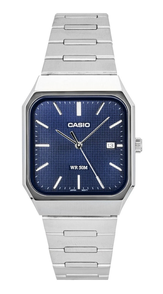 Casio MTP-B185D-2A1V Men's Analog Watch – Silver Stainless Steel Bracelet with Blue Dial