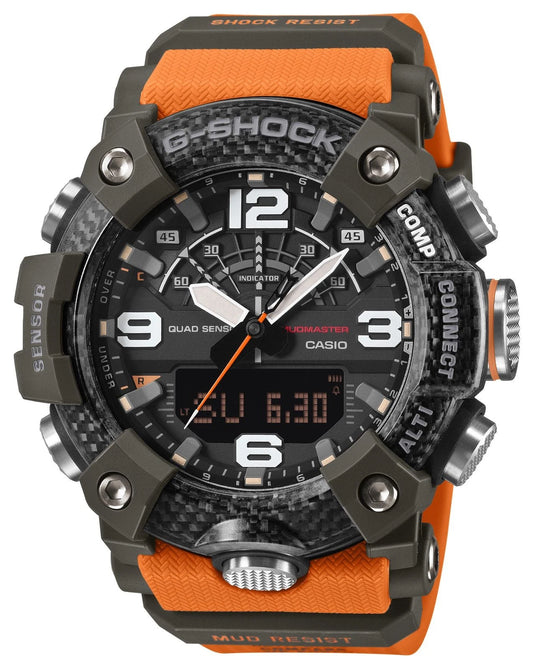 Casio G-SHOCK GG-B100X-1A9 MUDMASTER Carbon Core Guard Quad Sensor Bluetooth Watch | Orange Band | 200M WR