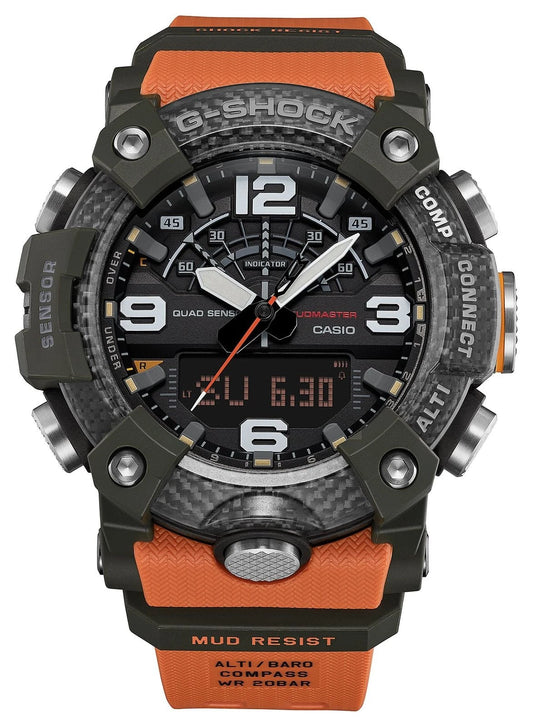 Casio G-SHOCK GG-B100X-1A9 MUDMASTER Carbon Core Guard Quad Sensor Bluetooth Watch | Orange Band | 200M WR