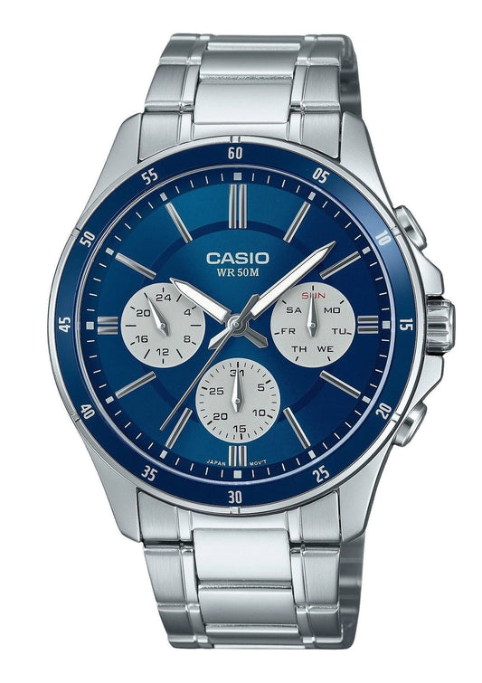 Casio MTP-1374D-2A3 Men's Analog Watch | Blue Dial | Stainless Steel Bracelet | Day Date Display
