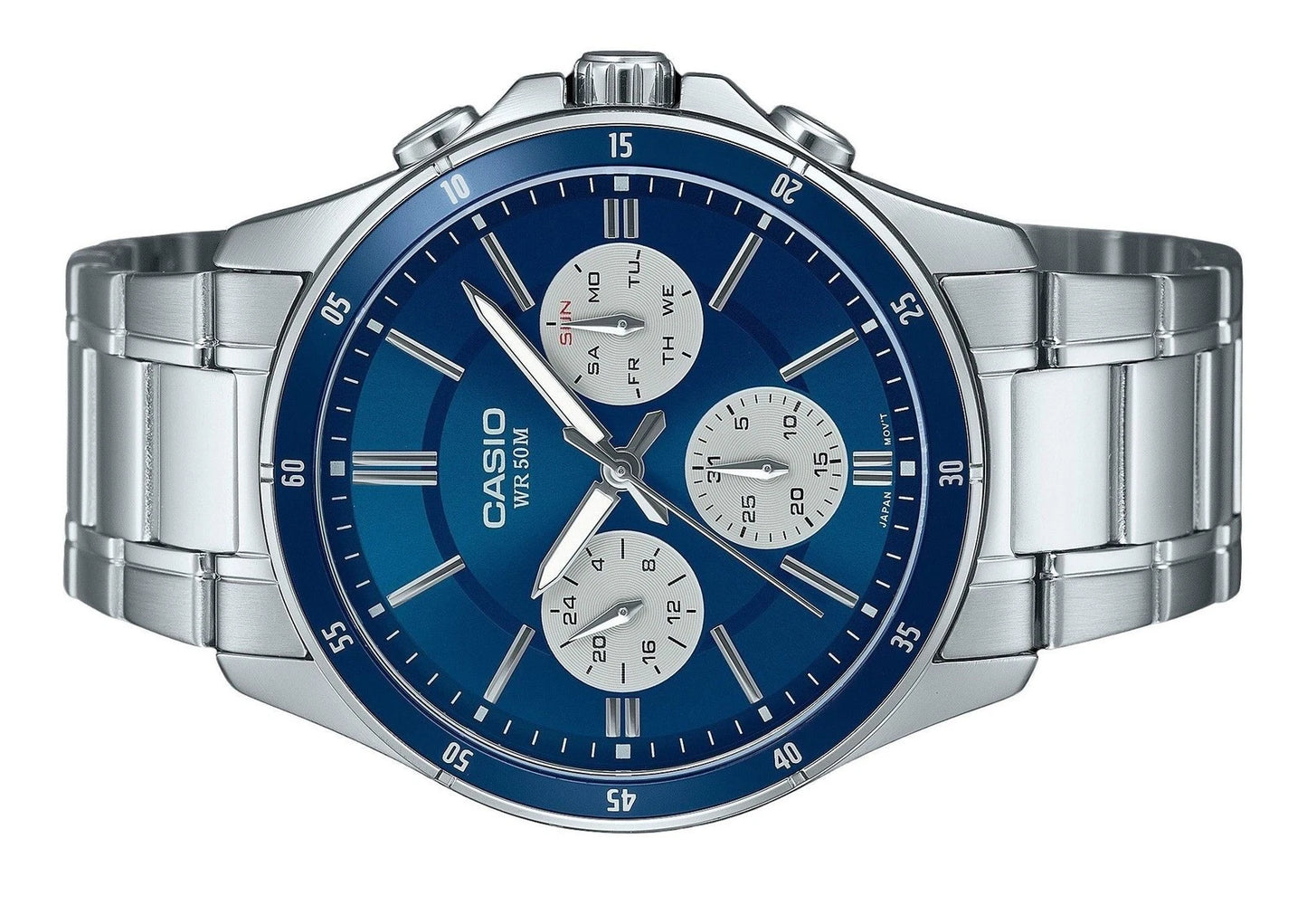 Casio MTP-1374D-2A3 Men's Analog Watch | Blue Dial | Stainless Steel Bracelet | Day Date Display