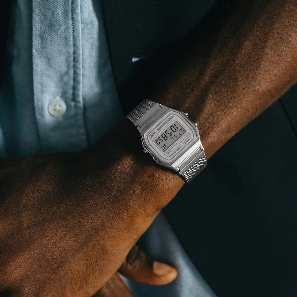 Casio Vintage A158WEM-7DF Silver Digital Mesh Watch