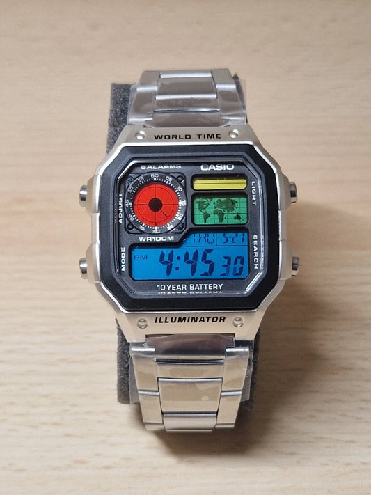 Title Casio AE-1200WH Custom Mod — Tri-Color Dial World Time Watch (Stainless Steel)