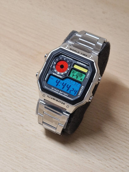 Title Casio AE-1200WH Custom Mod — Tri-Color Dial World Time Watch (Stainless Steel)