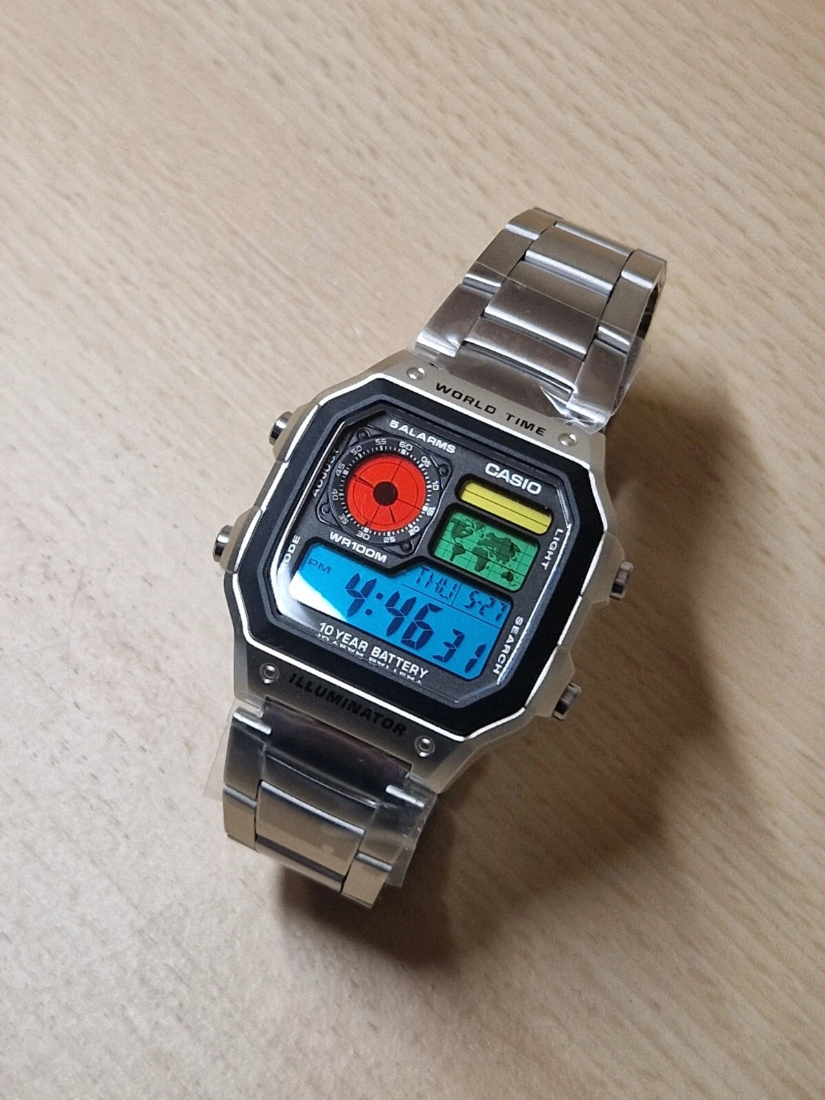 Title Casio AE-1200WH Custom Mod — Tri-Color Dial World Time Watch (Stainless Steel)