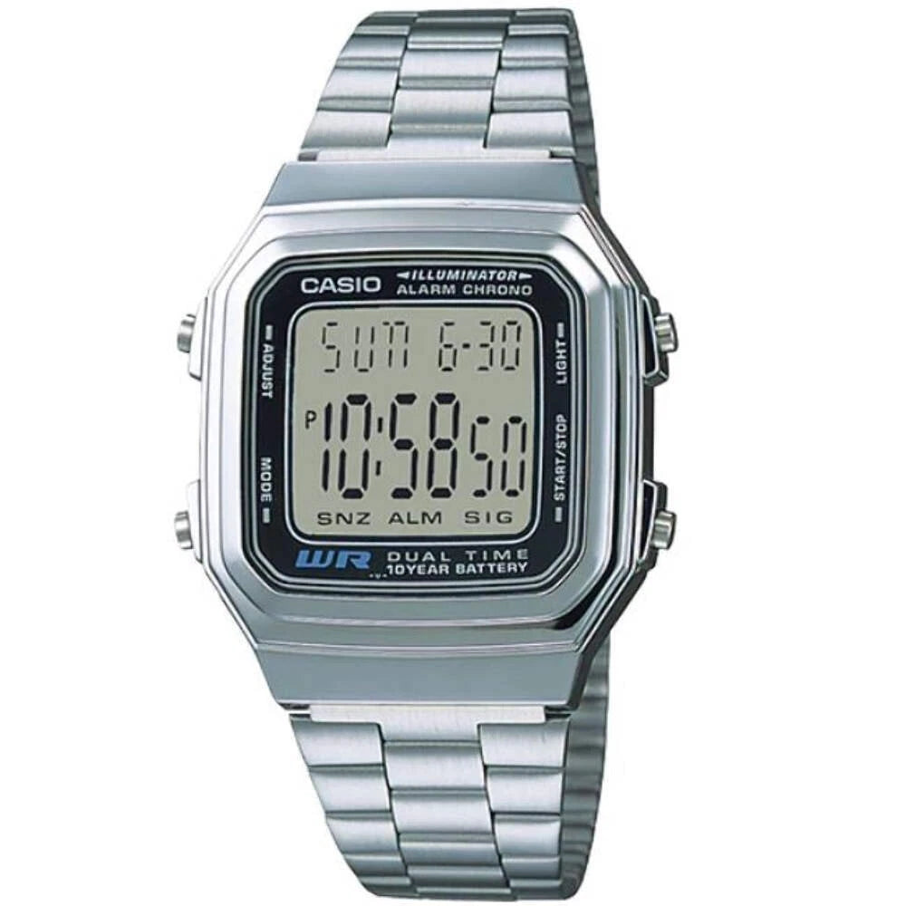 Casio Vintage A178WA-1ADF Digital Dual-Time Watch – Silver Stainless Steel