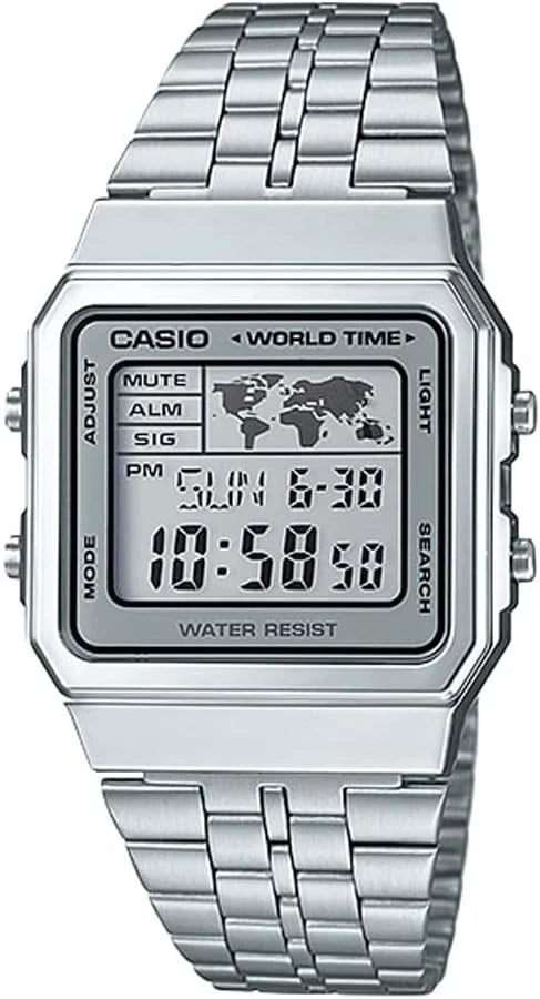 Casio Vintage A500WA-7DF World Time Digital Watch – Silver Stainless Steel