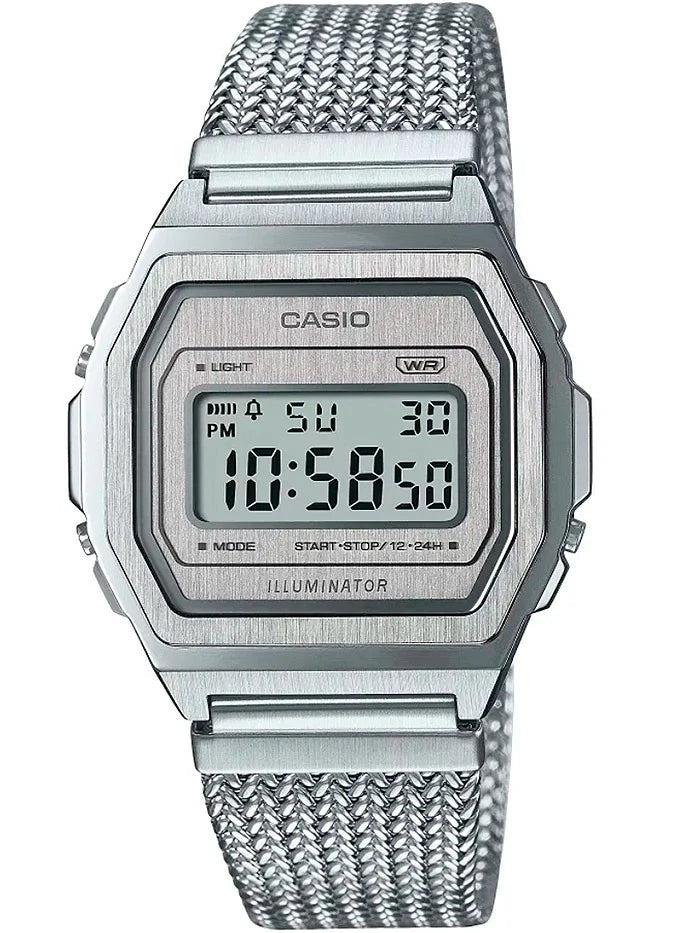 Casio Vintage A1000MA-7 Silver Digital Unisex Watch Stainless Steel Mesh