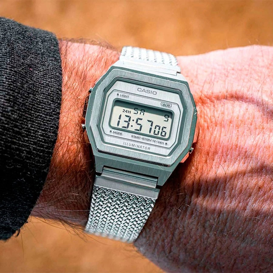 Casio Vintage A1000MA-7 Silver Digital Unisex Watch Stainless Steel Mesh