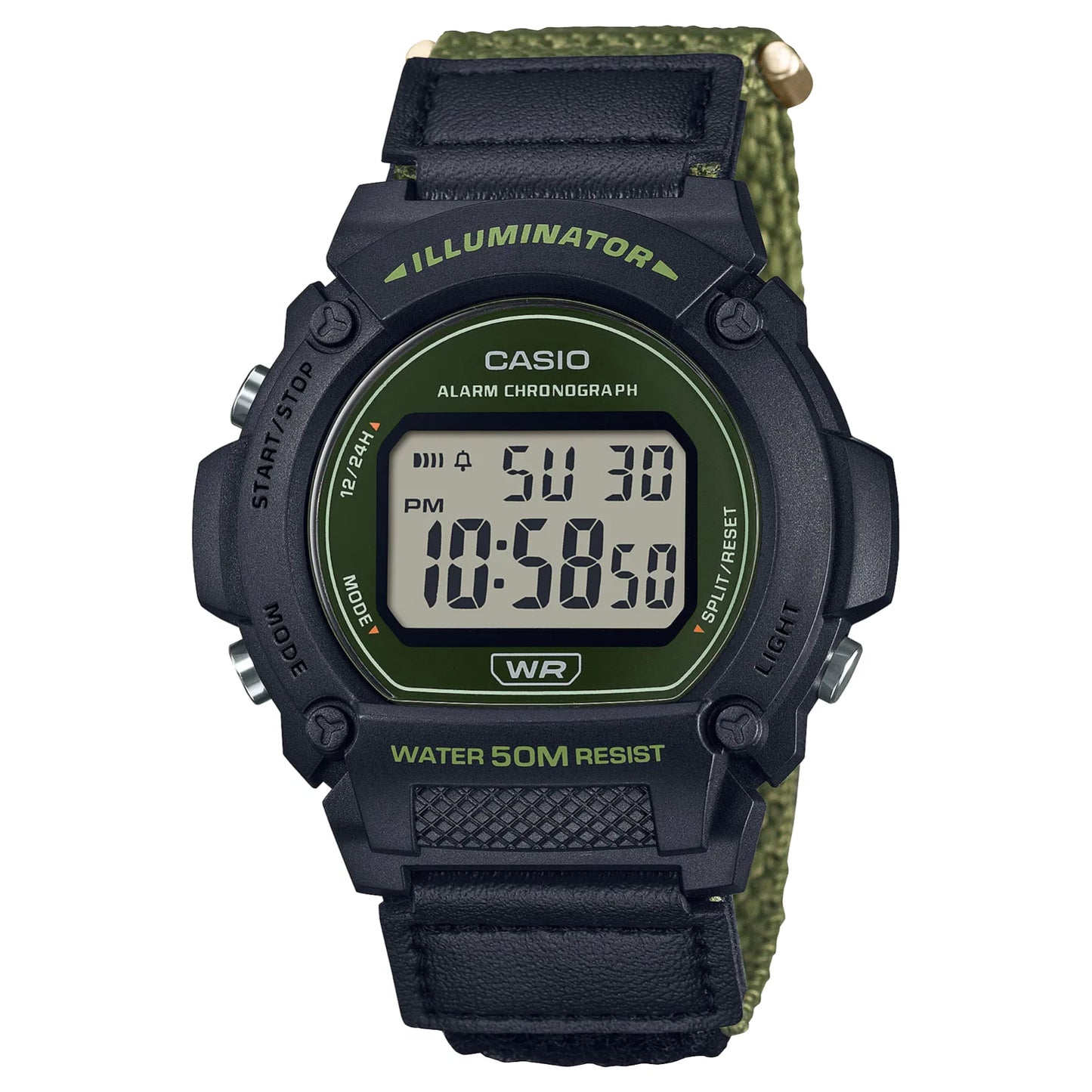 Casio W-219HB-3A Men's Digital Sports Watch Black & Green Cloth Strap