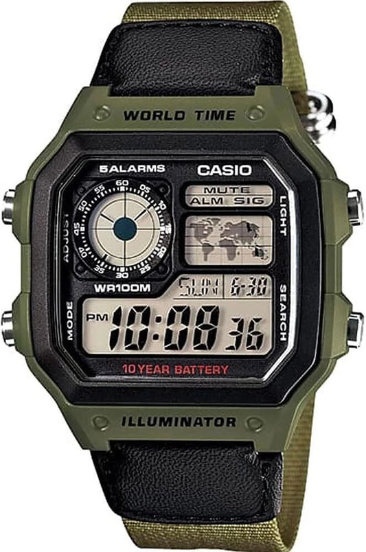 Casio AE-1200WHB-3BV Digital World Time Watch with Green Cloth Strap