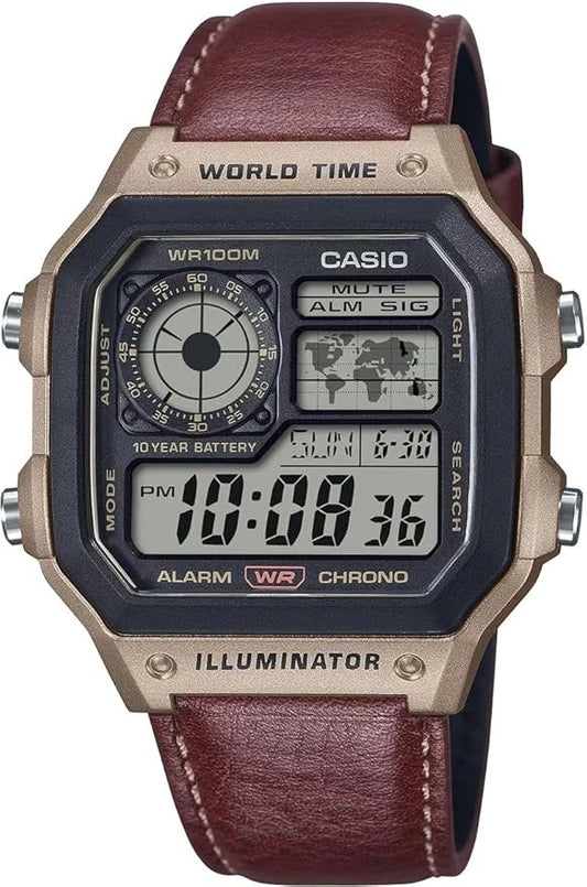 Casio AE-1200WHL-5AV Digital Watch with Brown Leather Strap